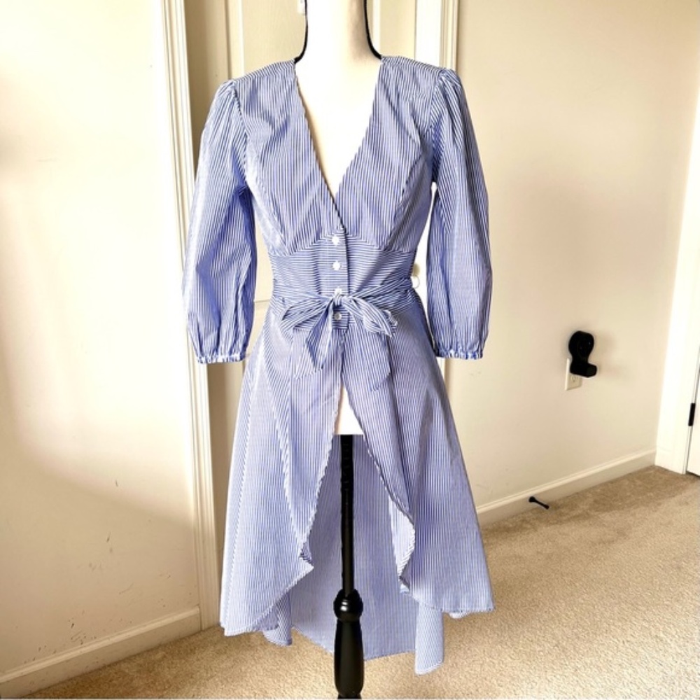 Venus, high low blue pinstripe button up